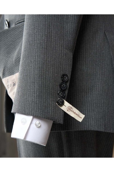 TerziAdemAltun Slim Fit Double-Breasted Pointed Collar Flap Pocket Striped Men's Suit Gray T20205-04