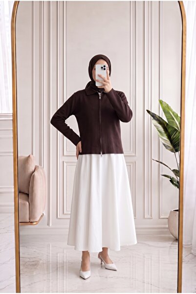 Holehola Odetta Collar Detail Zippered Knitwear Cardigan-Zi̇7095 Brown