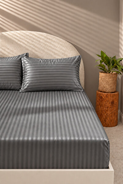 Nart Home Cotton Satin 210 Tc(83 Threads) Striped Bed Sheet Set |   Anthracite