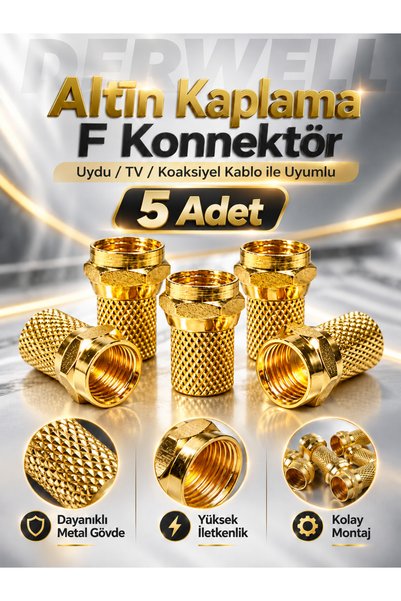 Derwell 5 Adet Gold F Tipi Uydu Konnektörü RG6 Koaksiyel Anten Kablo Ucu Giriş Jakı Televizyon Çanak Bağlantı Aparatı Yüksek İletkenlik Kayıpsız Sinyal Güçlü İletim Sabitleme Metal Gövdeli Dişli Vidali Giriş