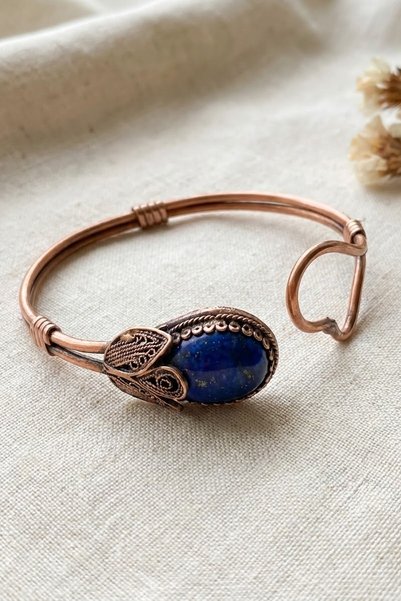 elinasaccessories Bakır Telkari Lapis Lazuli Taşlı Lale Motifli Tek Taşlı Kel...