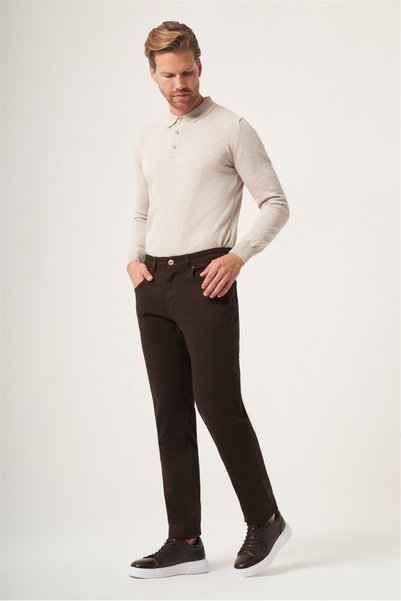 İmza Dark Brown 5-Pocket Gabardine Slim Fit Cotton Trousers 1003265317