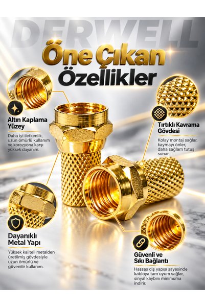 Derwell 1 Adet Gold F Tipi Uydu Konnektörü RG6 Koaksiyel Anten Kablo Ucu Giriş Jakı Televizyon Çanak Bağlantı Aparatı Yüksek İletkenlik Kayıpsız Sinyal Güçlü İletim Sabitleme Metal Gövdeli Dişli Vidali Giriş