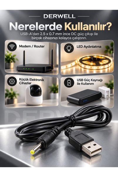 Derwell 2.5 x 0.7 mm Ölçülü USB A'dan DC Jak Girişli Akıllı Cihazlar İçin Evrensel Şarj Ve Güç Aktarım Kablosu Siyah Esnek Gövde Pratik Bağlantı Arayüzü Güvenli Voltaj Sağlayan Yeni Nesil Kablo Yapısı