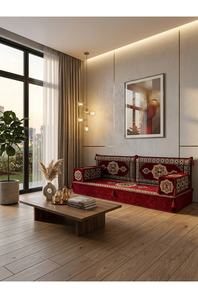 Güneş Modeli Bordo Şark Köşesi Takımı 2 Kolluklu - 5 Parça - Yer Minderi Seti (20 Cm Minder Kalınlığı)