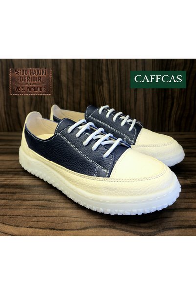 Caffcas Hakiki Deri Lacivert Off White El Yapımı Günlük Kadın Ayakkabı Larissa