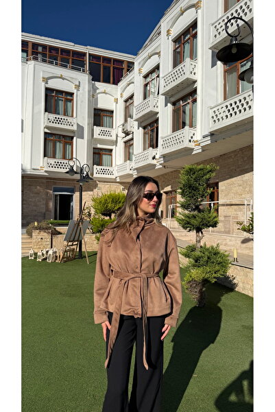 BELİS WEAR Palton scurt de damă din piele întoarsă, cu guler înalt, cu curea ...