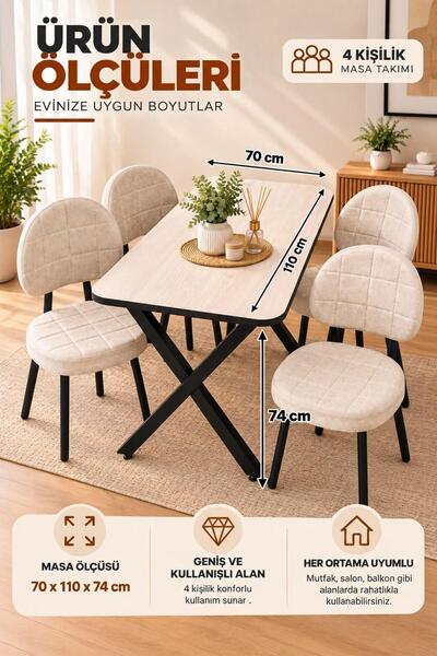 BAMBEDS MOBİLYA 4 Kişilik Mutfak Masa Sandalye Takımı 70x110 - Siyah Yemek Masası ve 4 Sandalye Seti Balkon & Salon Masası