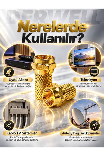 Derwell 10 Adet Gold F Tipi Uydu Konnektörü RG6 Koaksiyel Anten Kablo Ucu Giriş Jakı Televizyon Çanak Bağlantı Aparatı Yüksek İletkenlik Kayıpsız Sinyal Güçlü İletim Sabitleme Metal Gövdeli Dişli Vidali Giriş