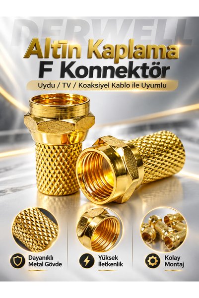 Derwell 1 Adet Gold F Tipi Uydu Konnektörü RG6 Koaksiyel Anten Kablo Ucu Giriş Jakı Televizyon Çanak Bağlantı Aparatı Yüksek İletkenlik Kayıpsız Sinyal Güçlü İletim Sabitleme Metal Gövdeli Dişli Vidali Giriş