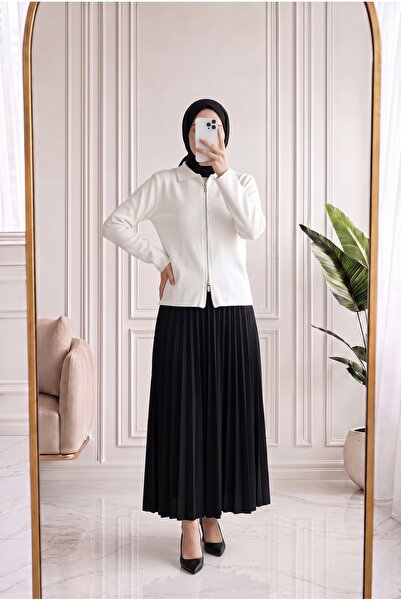 Holehola Odetta Collar Detail Zippered Knitwear Cardigan-Zi̇7095 Ecru