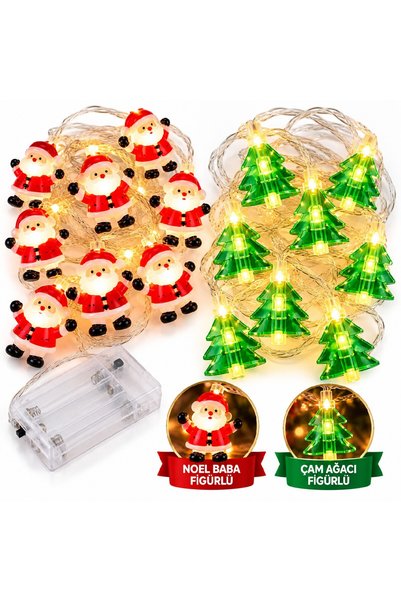 Bkmc Pilli Peri LED Yılbaşı Süsleme Işığı Noel Baba ve Çam Ağacı Figürlü Dekoratif LED Zincir Yılbaşı Süsü Figürlü Led