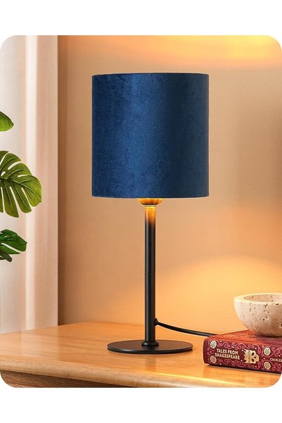 EDISHINE مصباح طاولة بجانب السرير، غطاء مخملي أزرق، يتضمن مصباح LED