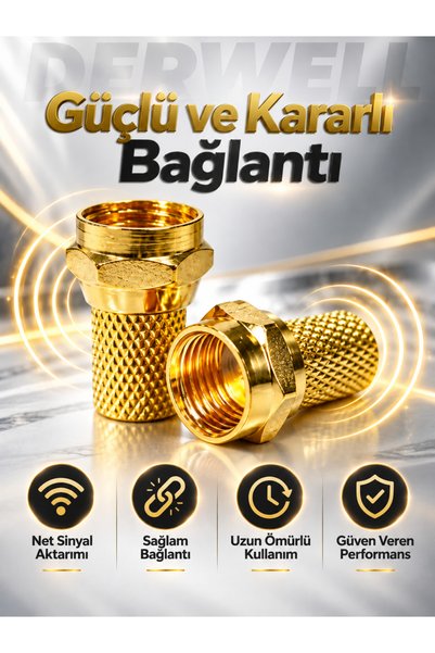 Derwell 3 Adet Gold F Tipi Uydu Konnektörü RG6 Koaksiyel Anten Kablo Ucu Giriş Jakı Televizyon Çanak Bağlantı Aparatı Yüksek İletkenlik Kayıpsız Sinyal Güçlü İletim Sabitleme Metal Gövdeli Dişli Vidali