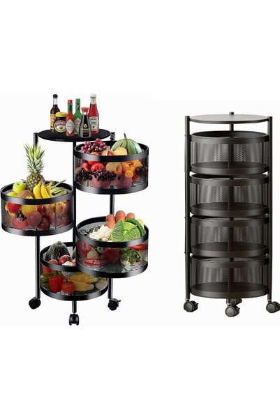 Generic 4 Tier Round Vegetable Rack with Wheels, Black Metal Mesh Storage Car...