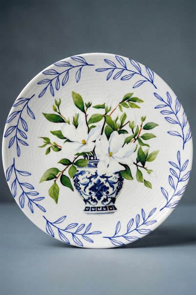 grandora Vase and White Floral Patterned Serving Plate (6 Pieces, 27 cm) Modern Breakfast, Presentation Plate Set – Stylish Breakfast Plate, Cake Plate