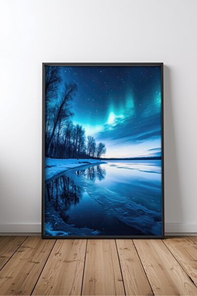 KEYFHOME Frozen lake with northern lights framed mdf painting poster living r...