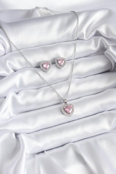 callerrons accessories Chain Silver Color Pink Zircon Stone Heart Model Women's Necklace Earring Set - Ebj261010W47120