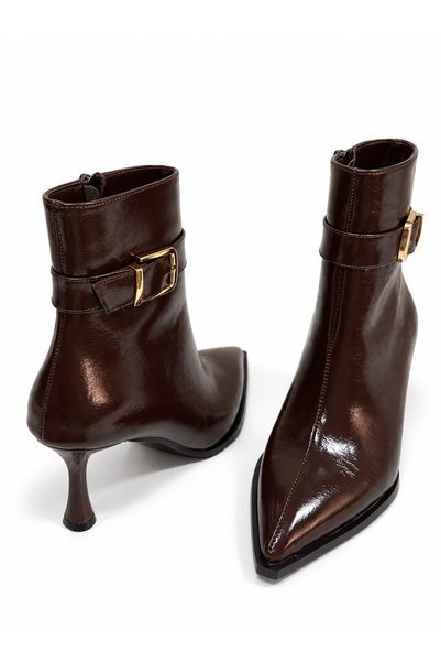 Conforty Women's Shiny Patent Leather Look Gold Buckle Elegant Pointed Toe Zippered Heeled Boots