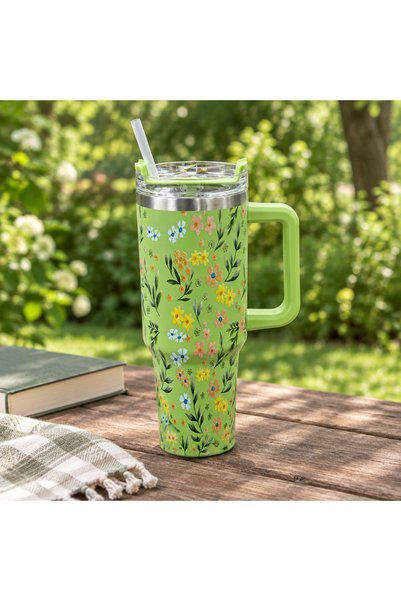 AKDC Floral Stainless Steel Water Bottle with Straw & Handle Light Green - 1 Litre