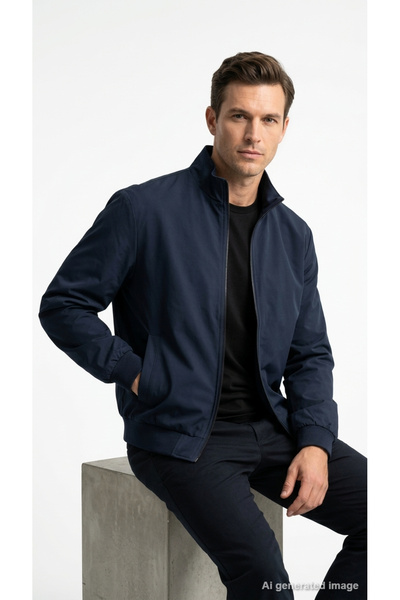 Jack & Jones Men's Navy Blue Stand Collar Zippered Seasonal Coat Jjecharge St...