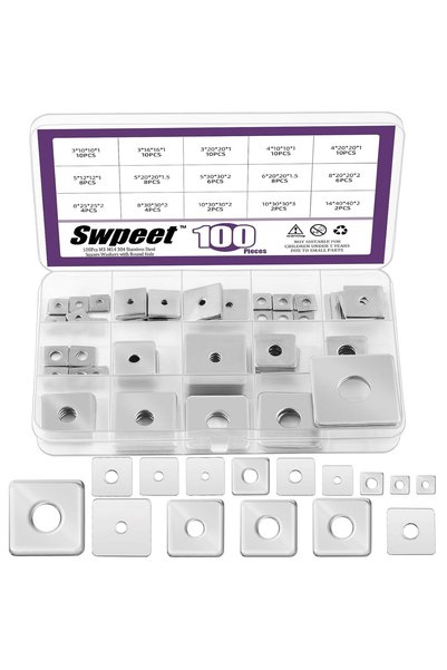 Swpeet 100 قطعة 15 حجمًا M3 M4 M5 M6 M8 M10 M14 طقم تشكيلة واسرات مربعة فضية ...