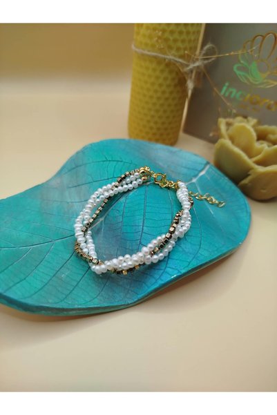 İNCİORA JEWELRY Gerçek Doğal Kum İnci Hematit Taşlı Üçlü Dizilim Bileklik