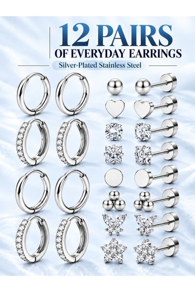 zeetwo 12-Pair Gold-Plated Earrings Set, 316L Stainless Steel Flat Back Studs...