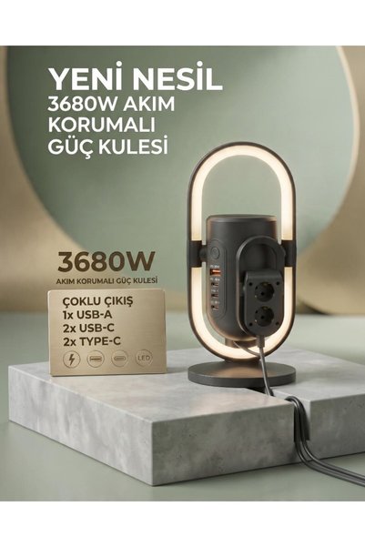 lstri Çok Fonksiyonlu 3680W Akım Korumalı Güç Kulesi, 2x Soket, 1x USB-A, 2x Type-C Çıkışlı ve LED Gece Lambalı Masaüstü Şarj Ünitesi
