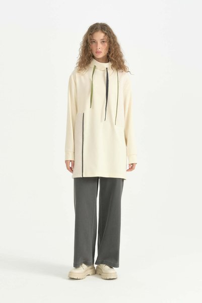 Nihan Hafızalı Kumaş Mixli Oversize Spor Sweat - Ekru