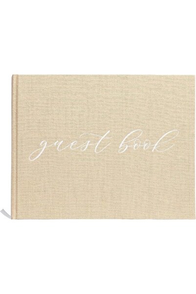Pearhead Linen Beige Wedding Guest Book with White Script, Elegant Wedding, R...