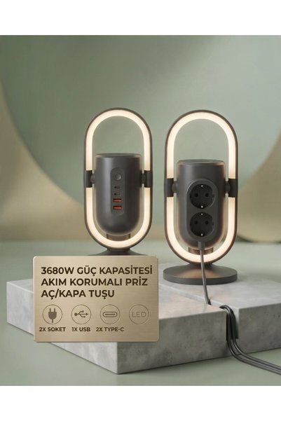 lstri Çok Fonksiyonlu 3680W Akım Korumalı Güç Kulesi, 2x Soket, 1x USB-A, 2x Type-C Çıkışlı ve LED Gece Lambalı Masaüstü Şarj Ünitesi