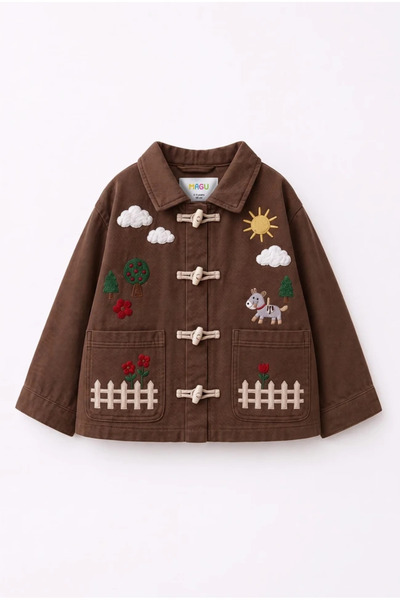 Magu Unisex Children's Embroidered Brown Gardener Jacket
