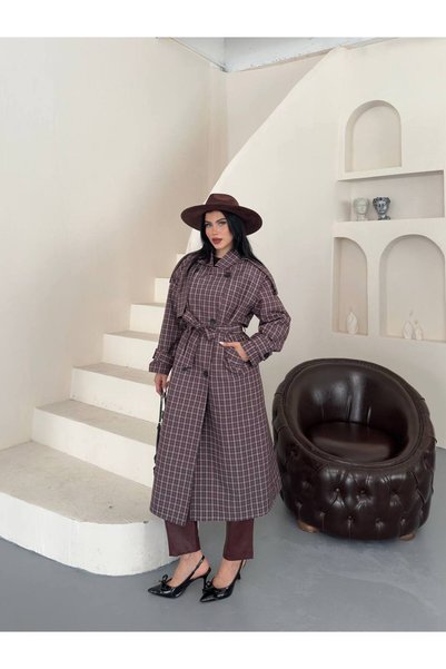 ORSELIA Women's Lilac Plaid Patterned Belted Double-Breasted Collar Long Trench Coat