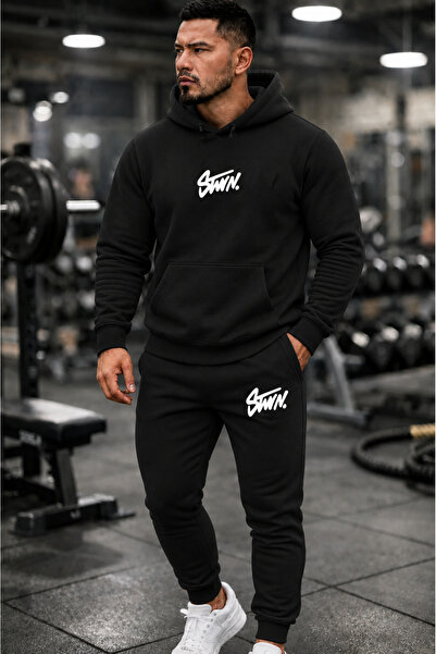 dont quıt Men's Black Hooded Tracksuit Set Stn Minimal