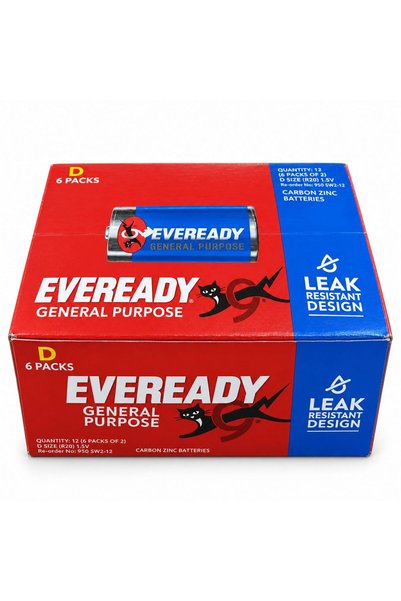 Eveready General Purpose D Size R20 1.5V Carbon Zinc Battery, Leak Resistant Design (Box of 12)