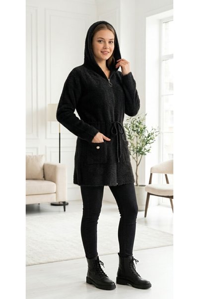 ZARİNCE LİFE Women's Hooded Zippered Soft Bearded Cardigan with Tie at the Waist