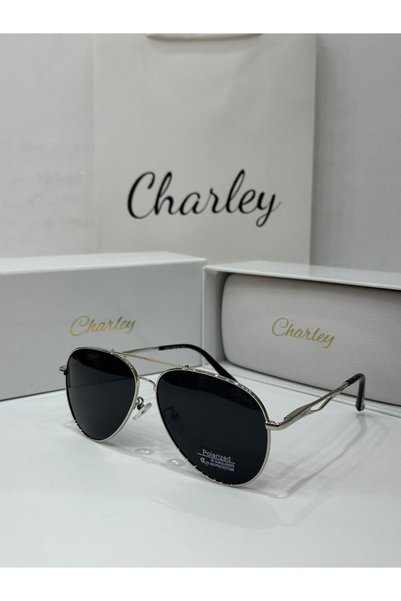 Generic Brand نظارة شمسية CHARLEY رجالية طيار بإطار فضي وعدسات سوداء مستقطبة ...