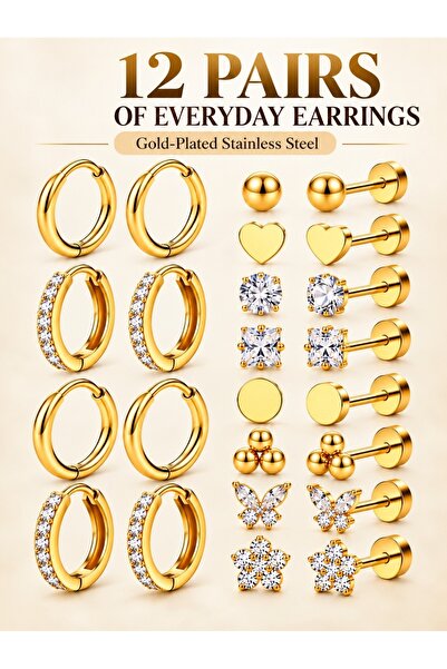 zeetwo 12-Pair Gold-Plated Earrings Set, 316L Stainless Steel Flat Back Studs...