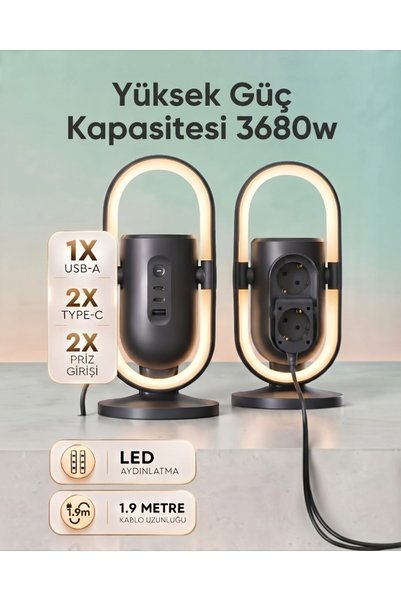 lstri Çok Fonksiyonlu 3680W Akım Korumalı Güç Kulesi, 2x Soket, 1x USB-A, 2x Type-C Çıkışlı ve LED Gece Lambalı Masaüstü Şarj Ünitesi