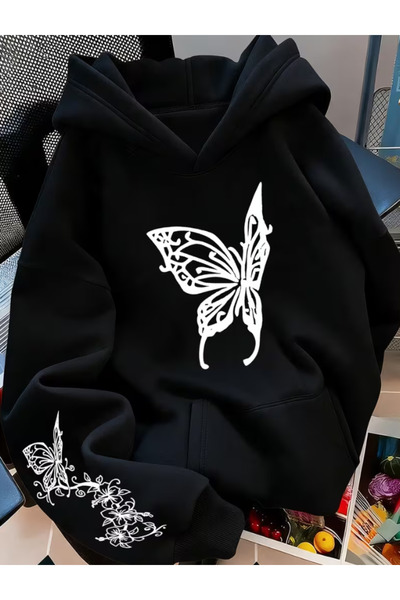 one button Unisex Men'S/Women's Premium Hooded Sweatshirt with Butterfly Prin...