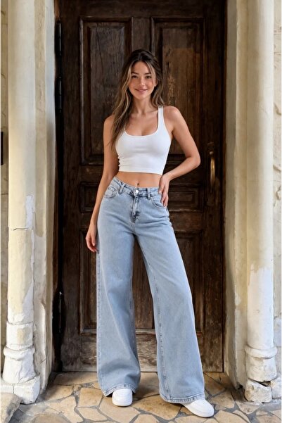 MAY JEAN BUZ KAR MAVİ Pantaloni din denim elastici, stil palazzo, cu picior larg
