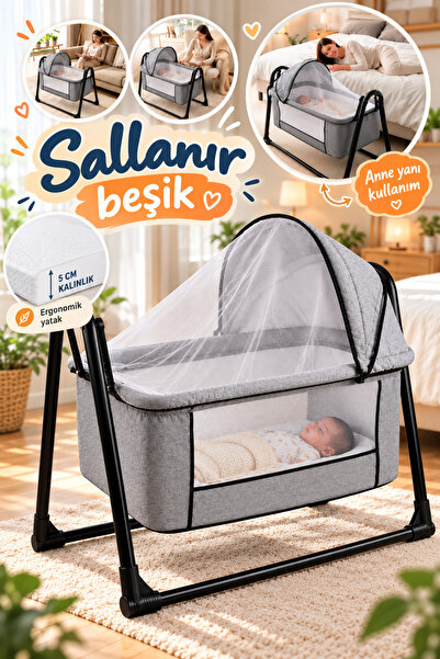 Baby Home Onest Anne Yanı Kalın Yataklı Cibinlikli Ve Tenteli, Sallanır. Port...