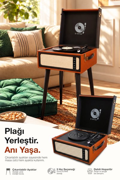 Kensa Bluetooth’lu Nostaljik Ayaklı Pikap 33/45/78 Devir USB/AUX Destekli Plak
