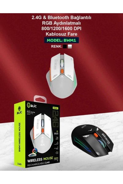 Blic BWM1 Bluetooth & 2.4G Wireless Şarjlı Kablosuz Fare RGB Aydınlatmalı 160...