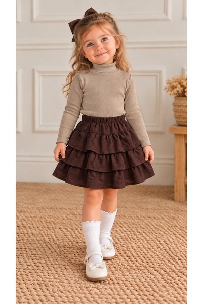 BAHNUR Baby Girl Brown Layered Ruffle Skirt and High-Neck Blouse Two-Piece Set