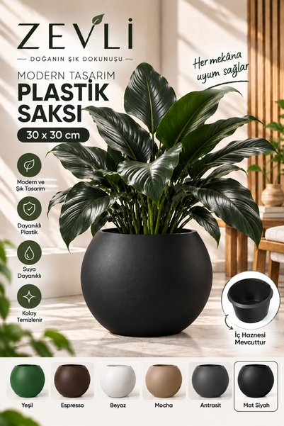 ZEVLİ Mat Siyah Büyük Boy Küre Saksı 30x30 cm İç Haznesi İle Birlikte