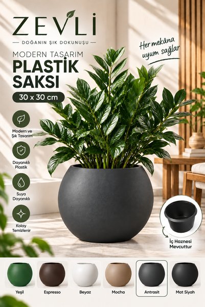 ZEVLİ Antrasit Büyük Boy Küre Saksı 30x30 cm İç Haznesi İle Birlikte