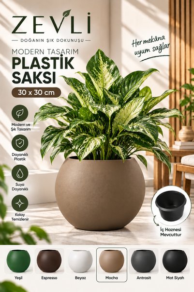 ZEVLİ Mocha Büyük Boy Küre Saksı 30x30 cm İç Haznesi İle Birlikte