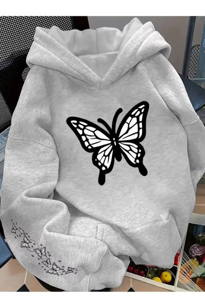 one button Unisex Men'S/Women's Stripe Detail Butterfly Printed Premium Hoode...